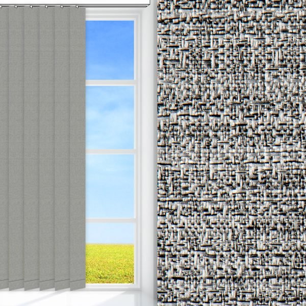 Lamellenvorhang / Vertikalanlage Mur, grau, lichtdurchlässig & blickdicht, feucht abwischbar, silber glänzend